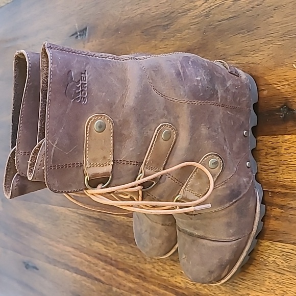 SOREL Joan Of Ark Tobacco Leather Mid Lace Up Boots Size 7 - Picture 6 of 9